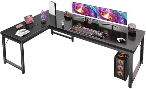 Huuger 63 Inch L Shaped Desk with Power Outlets and USB C Port  0 95 Inch Thicker Desktop  Reversible Computer Desk  Larger Office Corner Gaming Desk  Metal Frame  for Home Office  Study  Rustic Brown