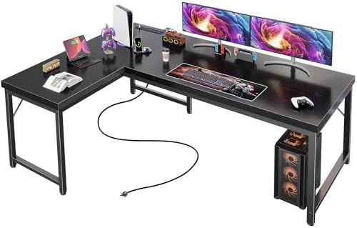 Huuger 63 Inch L Shaped Desk with Power Outlets and USB C Port  0 95 Inch Thicker Desktop  Reversible Computer Desk  Larger Office Corner Gaming Desk  Metal Frame  for Home Office  Study  Rustic Brown