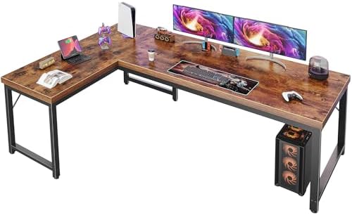 Huuger 63 Inch L Shaped Desk with Power Outlets and USB C Port  0 95 Inch Thicker Desktop  Reversible Computer Desk  Larger Office Corner Gaming Desk  Metal Frame  for Home Office  Study  Rustic Brown