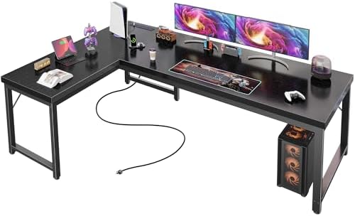 Huuger 63 Inch L Shaped Desk with Power Outlets and USB C Port  0 95 Inch Thicker Desktop  Reversible Computer Desk  Larger Office Corner Gaming Desk  Metal Frame  for Home Office  Study  Rustic Brown
