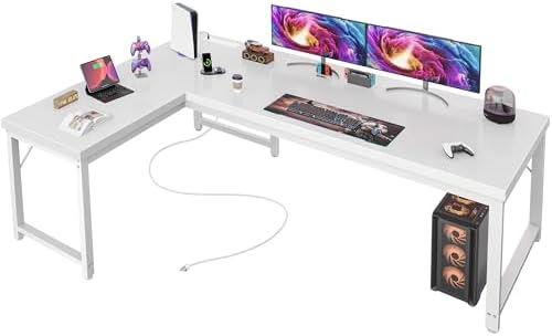 Huuger 63 Inch L Shaped Desk with Power Outlets and USB C Port  0 95 Inch Thicker Desktop  Reversible Computer Desk  Larger Office Corner Gaming Desk  Metal Frame  for Home Office  Study  Rustic Brown