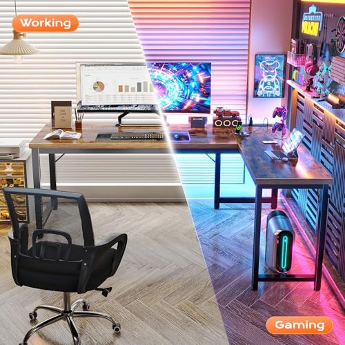Huuger 63 Inch L Shaped Desk with Power Outlets and USB C Port  0 95 Inch Thicker Desktop  Reversible Computer Desk  Larger Office Corner Gaming Desk  Metal Frame  for Home Office  Study  Rustic Brown