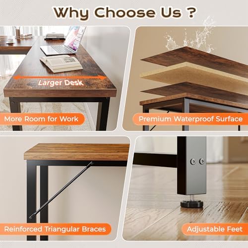 Huuger 63 Inch L Shaped Desk with Power Outlets and USB C Port  0 95 Inch Thicker Desktop  Reversible Computer Desk  Larger Office Corner Gaming Desk  Metal Frame  for Home Office  Study  Rustic Brown
