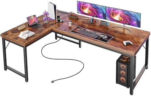 Huuger 63 Inch L Shaped Desk with Power Outlets and USB C Port  0 95 Inch Thicker Desktop  Reversible Computer Desk  Larger Office Corner Gaming Desk  Metal Frame  for Home Office  Study  Rustic Brown