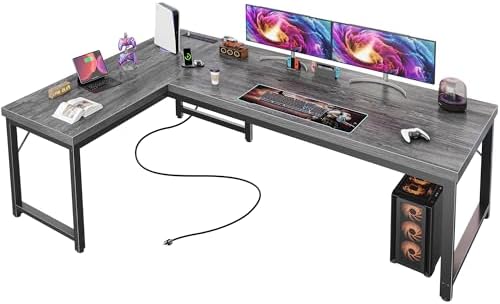 Huuger 63 Inch L Shaped Desk with Power Outlets and USB C Port  0 95 Inch Thicker Desktop  Reversible Computer Desk  Larger Office Corner Gaming Desk  Metal Frame  for Home Office  Study  Rustic Brown