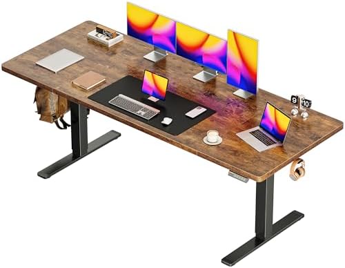 Huuger 71 x 30 Large Electric Standing Desk  Height Adjustable Computer Desk  29 5 Deep Desktop  Stand up Gaming Office Table with 2 Hooks  3 Preset Heights  for Home Office  Rustic Brown