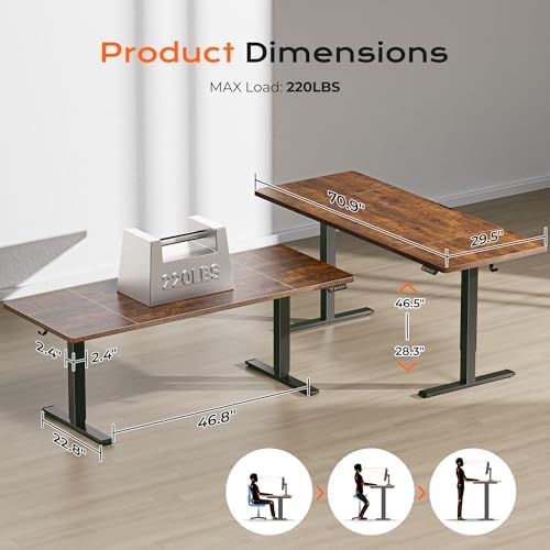 Huuger 71 x 30 Large Electric Standing Desk  Height Adjustable Computer Desk  29 5 Deep Desktop  Stand up Gaming Office Table with 2 Hooks  3 Preset Heights  for Home Office  Rustic Brown