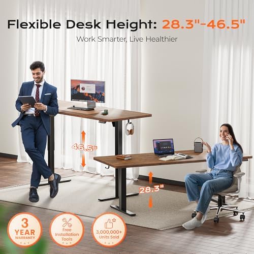 Huuger 71 x 30 Large Electric Standing Desk  Height Adjustable Computer Desk  29 5 Deep Desktop  Stand up Gaming Office Table with 2 Hooks  3 Preset Heights  for Home Office  Rustic Brown