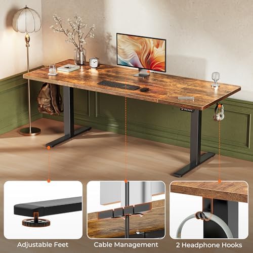 Huuger 71 x 30 Large Electric Standing Desk  Height Adjustable Computer Desk  29 5 Deep Desktop  Stand up Gaming Office Table with 2 Hooks  3 Preset Heights  for Home Office  Rustic Brown