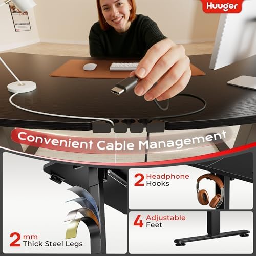 Huuger Electric Standing Desk with Power Outlets and USB C Port  47 X 24 Inch Height Adjustable Desk  Sit Stand Desk for Home Office  Computer & Gaming Desk with 4 Presets  Stable Steel Frame  Black