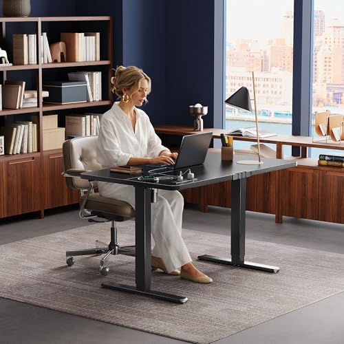 Huuger Electric Standing Desk with Power Outlets and USB C Port  47 X 24 Inch Height Adjustable Desk  Sit Stand Desk for Home Office  Computer & Gaming Desk with 4 Presets  Stable Steel Frame  Black