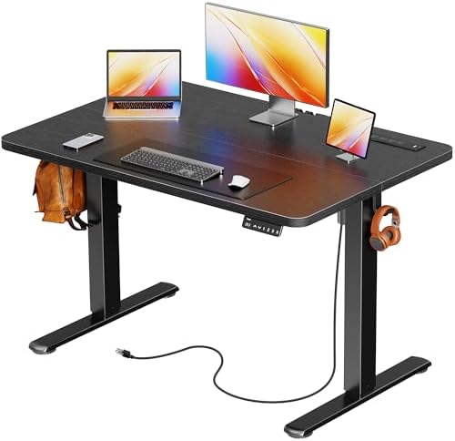 Huuger Electric Standing Desk with Power Outlets and USB C Port  47 X 24 Inch Height Adjustable Desk  Sit Stand Desk for Home Office  Computer & Gaming Desk with 4 Presets  Stable Steel Frame  Black