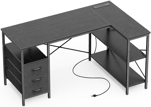 Huuger Escritorio de oficina en forma de L con tomas de corriente, escritorio para computadora de 47 pulgadas con 3 cajones, estantes, para juegos, trabajo de esquina, oficina en casa, estudio, marrón