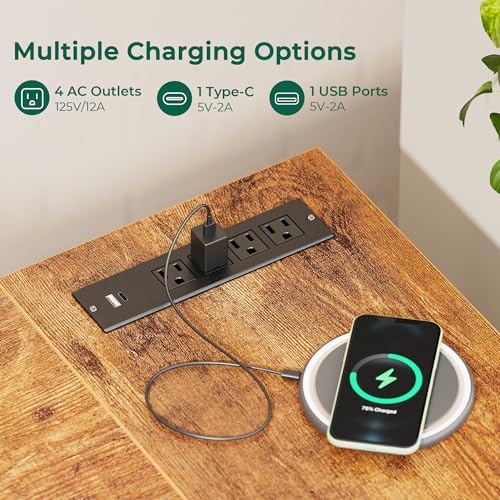 Huuger Escritorio de oficina en forma de L con tomas de corriente, escritorio para computadora de 47 pulgadas con 3 cajones, estantes, para juegos, trabajo de esquina, oficina en casa, estudio, marrón