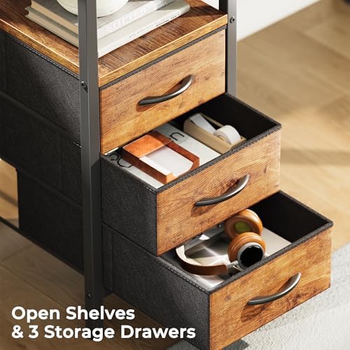 Huuger Escritorio de oficina en forma de L con tomas de corriente, escritorio para computadora de 47 pulgadas con 3 cajones, estantes, para juegos, trabajo de esquina, oficina en casa, estudio, marrón