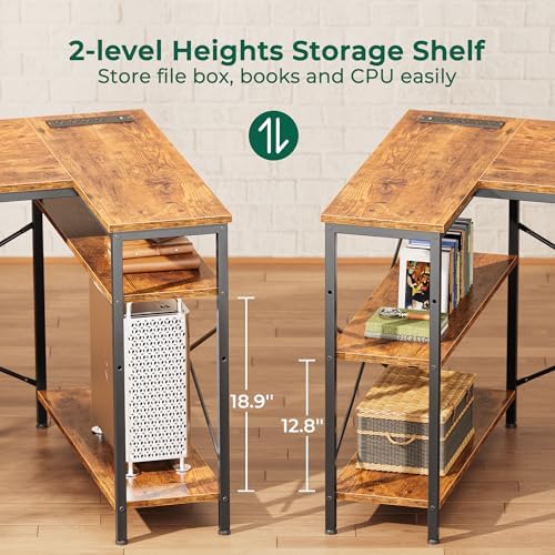 Huuger Escritorio de oficina en forma de L con tomas de corriente, escritorio para computadora de 47 pulgadas con 3 cajones, estantes, para juegos, trabajo de esquina, oficina en casa, estudio, marrón