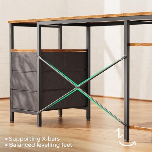 Huuger Escritorio de oficina en forma de L con tomas de corriente, escritorio para computadora de 47 pulgadas con 3 cajones, estantes, para juegos, trabajo de esquina, oficina en casa, estudio, marrón