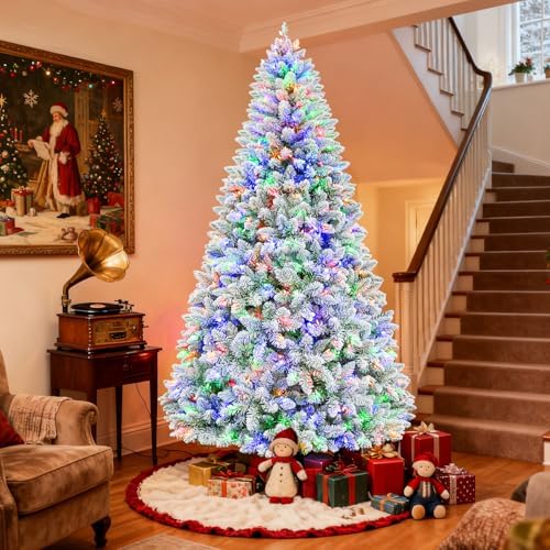 Hykolity 7 5 ft Prelit Snow Flocked Christmas Tree  1446 Hinged Branch Tips Christmas Tree  450 Color Changing LED Lights  10 Colors  Full Snowy Appearance  Easy Assembly  Metal Stand