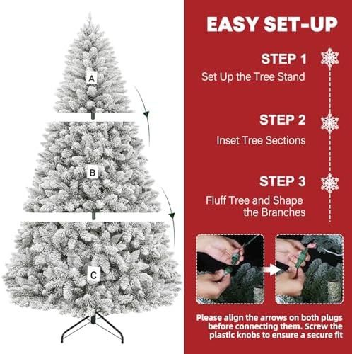 Hykolity 7 5 ft Prelit Snow Flocked Christmas Tree  1446 Hinged Branch Tips Christmas Tree  450 Color Changing LED Lights  10 Colors  Full Snowy Appearance  Easy Assembly  Metal Stand