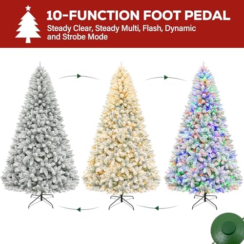 Hykolity 7 5 ft Prelit Snow Flocked Christmas Tree  1446 Hinged Branch Tips Christmas Tree  450 Color Changing LED Lights  10 Colors  Full Snowy Appearance  Easy Assembly  Metal Stand