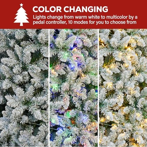 Hykolity 7 5 ft Prelit Snow Flocked Christmas Tree  1446 Hinged Branch Tips Christmas Tree  450 Color Changing LED Lights  10 Colors  Full Snowy Appearance  Easy Assembly  Metal Stand