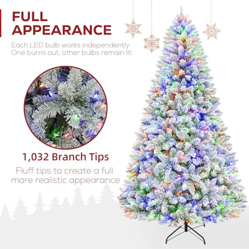 Hykolity 7 5 ft Prelit Snow Flocked Christmas Tree  1446 Hinged Branch Tips Christmas Tree  450 Color Changing LED Lights  10 Colors  Full Snowy Appearance  Easy Assembly  Metal Stand