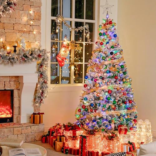 Hykolity 7 5 ft Prelit Snow Flocked Christmas Tree  1446 Hinged Branch Tips Christmas Tree  450 Color Changing LED Lights  10 Colors  Full Snowy Appearance  Easy Assembly  Metal Stand