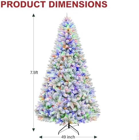 Hykolity 7 5 ft Prelit Snow Flocked Christmas Tree  1446 Hinged Branch Tips Christmas Tree  450 Color Changing LED Lights  10 Colors  Full Snowy Appearance  Easy Assembly  Metal Stand