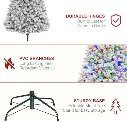 Hykolity 7 5 ft Prelit Snow Flocked Christmas Tree  1446 Hinged Branch Tips Christmas Tree  450 Color Changing LED Lights  10 Colors  Full Snowy Appearance  Easy Assembly  Metal Stand