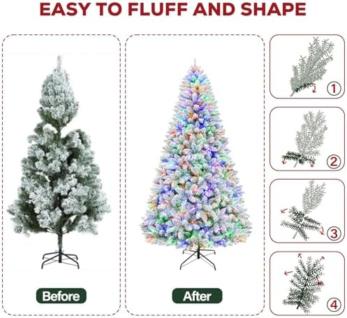 Hykolity 7 5 ft Prelit Snow Flocked Christmas Tree  1446 Hinged Branch Tips Christmas Tree  450 Color Changing LED Lights  10 Colors  Full Snowy Appearance  Easy Assembly  Metal Stand