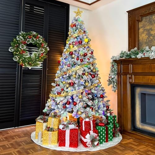 Hykolity 7 5 ft Prelit Snow Flocked Christmas Tree  1446 Hinged Branch Tips Christmas Tree  450 Color Changing LED Lights  10 Colors  Full Snowy Appearance  Easy Assembly  Metal Stand