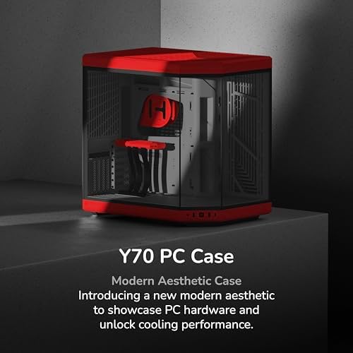 Hyte Y70 Modern Aesthetic Gaming PC Case   Panoramic Glass   High Airflow Design   Cable Management   Dual Chamber ATX Mid Tower Chassis   10 Fan Capacity   Luxury PCIe 4 0 Riser Cable   Cherry  Red 