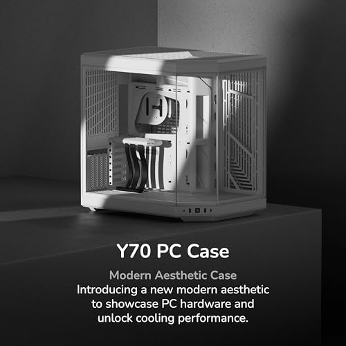 Hyte Y70 Modern Aesthetic Gaming PC Case   Panoramic Glass   High Airflow Design   Cable Management   Dual Chamber ATX Mid Tower Chassis   10 Fan Capacity   Luxury PCIe 4 0 Riser Cable   Snow White