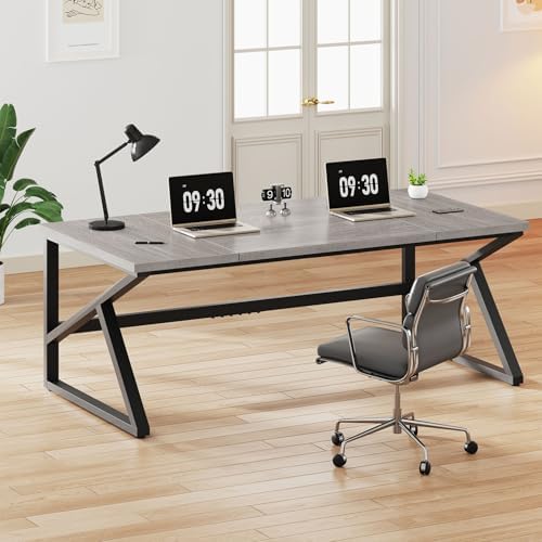 IBF 70 Inch Large Home Office Desk  Industrial Long Executive Work Writing Study Computer Table  Farmhouse Big Metal Wood Double Desk for Bedroom Living Room  Rustic Dual Monitor Desk  Light Grey