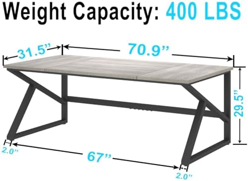 IBF 70 Inch Large Home Office Desk  Industrial Long Executive Work Writing Study Computer Table  Farmhouse Big Metal Wood Double Desk for Bedroom Living Room  Rustic Dual Monitor Desk  Light Grey