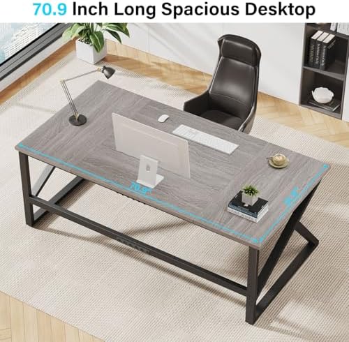 IBF 70 Inch Large Home Office Desk  Industrial Long Executive Work Writing Study Computer Table  Farmhouse Big Metal Wood Double Desk for Bedroom Living Room  Rustic Dual Monitor Desk  Light Grey