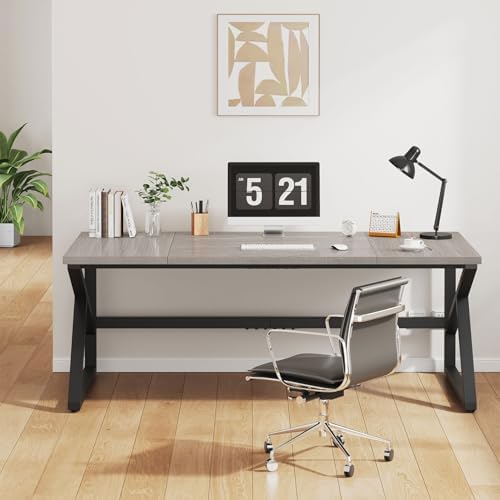 IBF 70 Inch Large Home Office Desk  Industrial Long Executive Work Writing Study Computer Table  Farmhouse Big Metal Wood Double Desk for Bedroom Living Room  Rustic Dual Monitor Desk  Light Grey