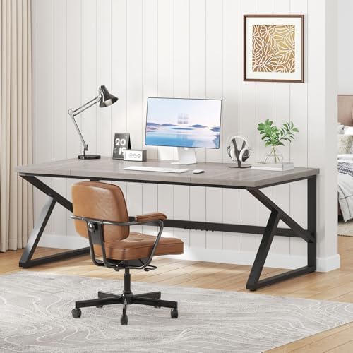 IBF 70 Inch Large Home Office Desk  Industrial Long Executive Work Writing Study Computer Table  Farmhouse Big Metal Wood Double Desk for Bedroom Living Room  Rustic Dual Monitor Desk  Light Grey
