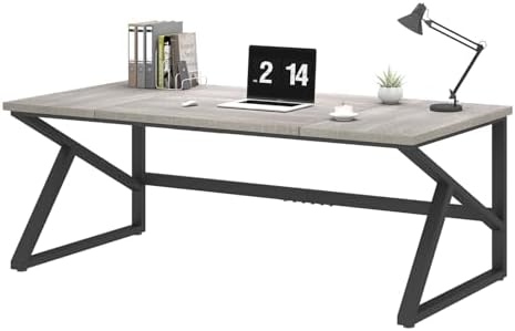 IBF 70 Inch Large Home Office Desk  Industrial Long Executive Work Writing Study Computer Table  Farmhouse Big Metal Wood Double Desk for Bedroom Living Room  Rustic Dual Monitor Desk  Light Grey