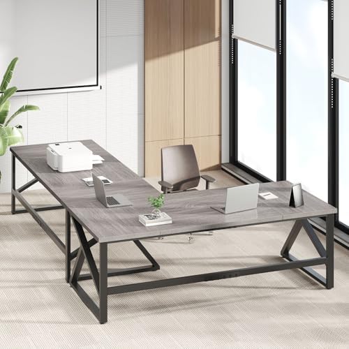 IBF 70 Inch Large Home Office Desk  Industrial Long Executive Work Writing Study Computer Table  Farmhouse Big Metal Wood Double Desk for Bedroom Living Room  Rustic Dual Monitor Desk  Light Grey