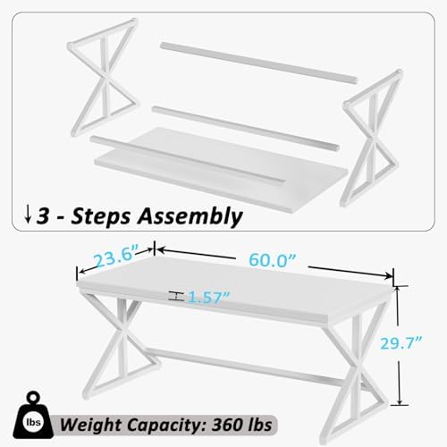 IBF Modern White Computer Desk  Industrial Long Home Office Desk for Student  Large Metal Wood Writing Study Work Desks  Farmhouse Executive Gaming Computer Table for Bedroom Living Room  White  60 In