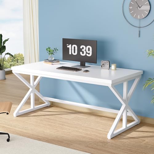 IBF Modern White Computer Desk  Industrial Long Home Office Desk for Student  Large Metal Wood Writing Study Work Desks  Farmhouse Executive Gaming Computer Table for Bedroom Living Room  White  60 In