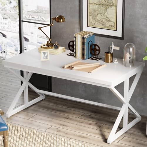 IBF Modern White Computer Desk  Industrial Long Home Office Desk for Student  Large Metal Wood Writing Study Work Desks  Farmhouse Executive Gaming Computer Table for Bedroom Living Room  White  60 In