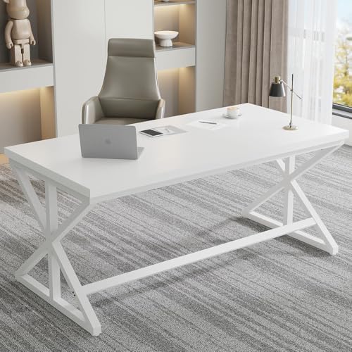 IBF Modern White Computer Desk  Industrial Long Home Office Desk for Student  Large Metal Wood Writing Study Work Desks  Farmhouse Executive Gaming Computer Table for Bedroom Living Room  White  60 In