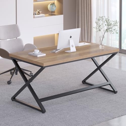 IBF Rustic Computer Desk  Modern Metal Home Office Desk  Farmhouse Work Study Writing Desk in Bedroom  Minimalist Wood Laptop Executive Workstation Computer PC Gaming Table  Rustic Oak  55 in