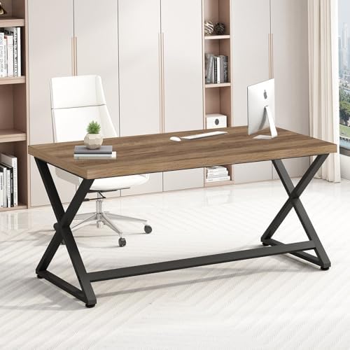IBF Rustic Computer Desk  Modern Metal Home Office Desk  Farmhouse Work Study Writing Desk in Bedroom  Minimalist Wood Laptop Executive Workstation Computer PC Gaming Table  Rustic Oak  55 in