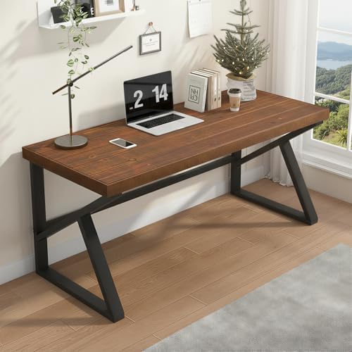 IBF Solid Real Wood Desk  Minimalist 47  Natural Wood Computer Desk  Rustic Desk for Home Office Writing Study  Vintage Industrial Wooden PC Gaming Workstation Computer Table  Brown  47 Inch