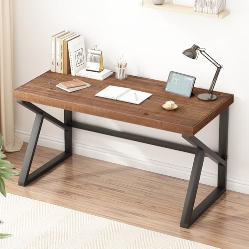IBF Solid Real Wood Desk  Minimalist 47  Natural Wood Computer Desk  Rustic Desk for Home Office Writing Study  Vintage Industrial Wooden PC Gaming Workstation Computer Table  Brown  47 Inch