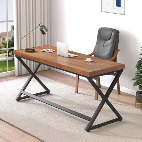IBF Solid Wood Work Desk  Minimalist 47  Real Wood Computer Desk  Rustic Natural Wood Desk for Home Office Writing Study  Vintage Wooden PC Gaming Computer Table Workstation in Bedroom  Brown  47 inch