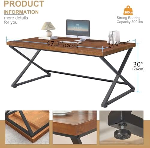 IBF Solid Wood Work Desk  Minimalist 47  Real Wood Computer Desk  Rustic Natural Wood Desk for Home Office Writing Study  Vintage Wooden PC Gaming Computer Table Workstation in Bedroom  Brown  47 inch